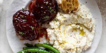 plate of Mini Turkey Meatloaf's with mashed potatoes and green beans.