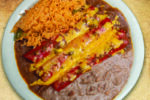 Classic Cheese Enchilada plate w/Spanish rice and refried beans