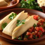 freshly made tamales on a plate with garnish of cilantro and pico de gallo