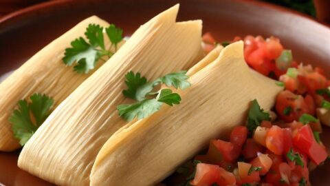 freshly made tamales on a plate with garnish of cilantro and pico de gallo