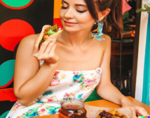 woman eats crispy taco in tex-mex restaurant