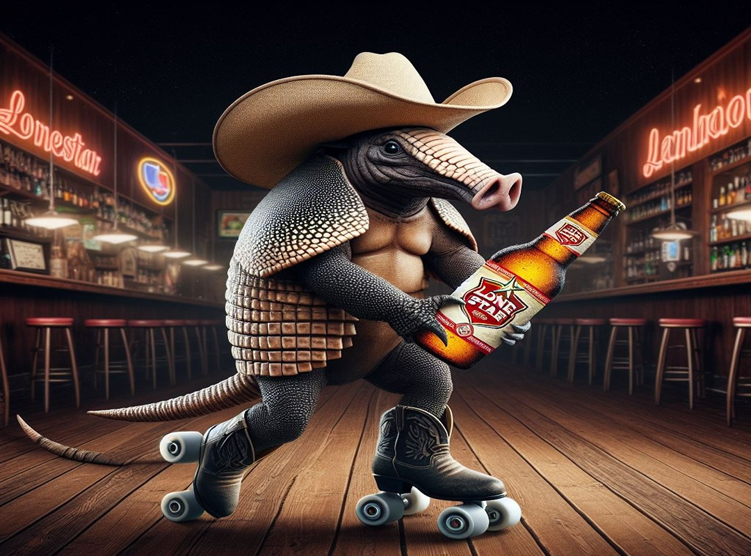 Armadillo holds a Lone Star beer white roller skating in a bar