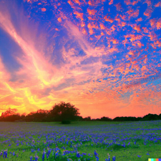 Texas sunset over a field of bluebonnets