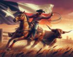 Texas cowboy wrangles longhorn steer