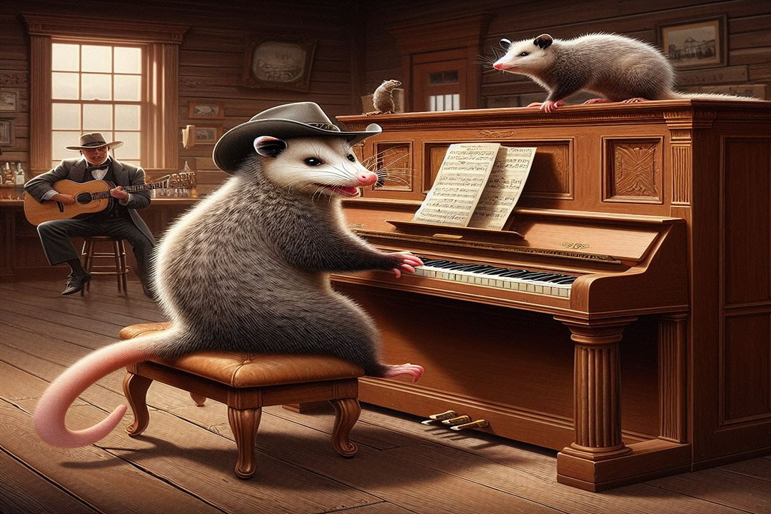 Possum plays piano in a saloon