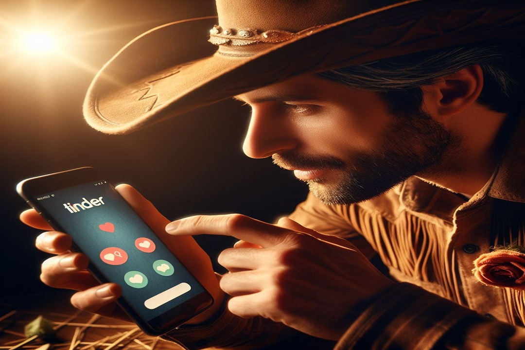 Cowboy looks at Tinder on phone, contemplates online dating