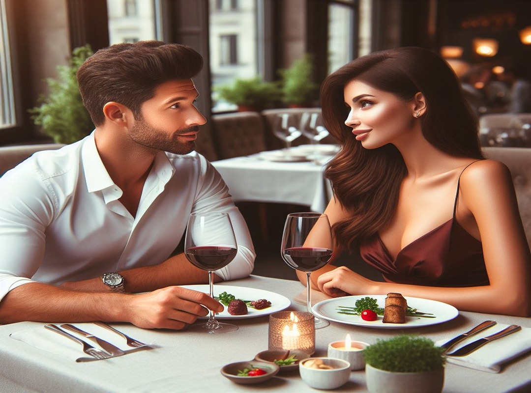 Man and Woman meet online and are meeting in a fancy restaurant