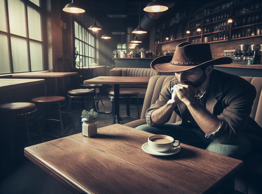 In a empty coffee shop a disappointed cowboy gets ghosted in online dating disaster