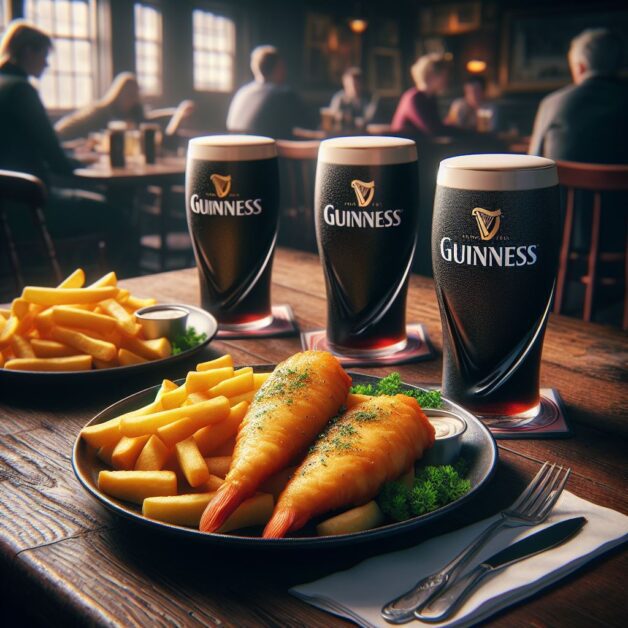 Table in London Pub with Fish and Chips and Guinness pints