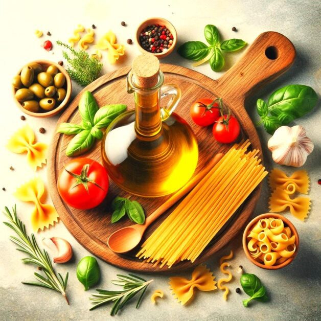 Italian cooking ingredients on cutting board and counter