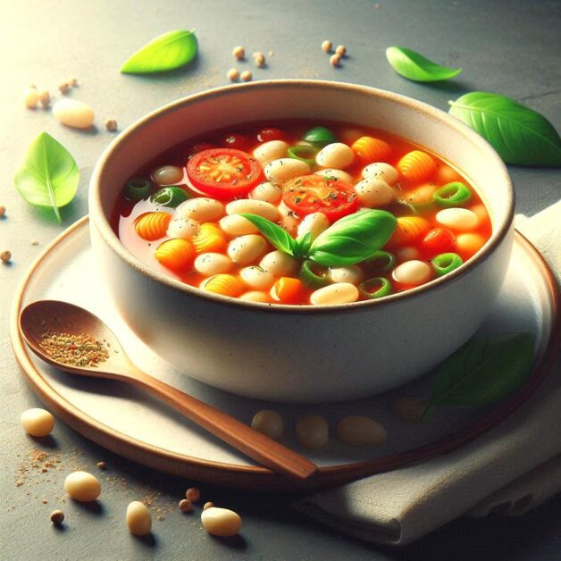 Minestrone in white bowl on plate with wooden spoon