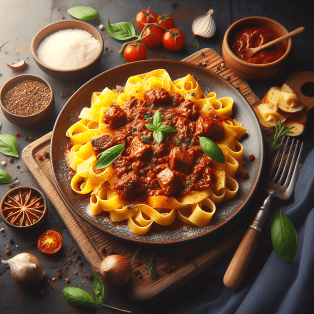 Tuscan Wild Boar Ragu with Pappardelle Pasta on platter with ingredients surrounding on table