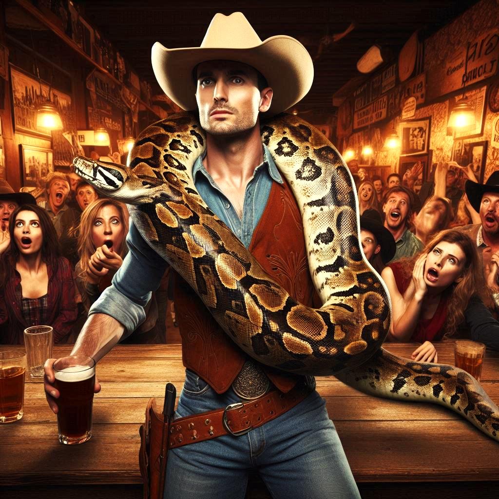 Cowboy in Bar with Boa Constrictor on his shoulders