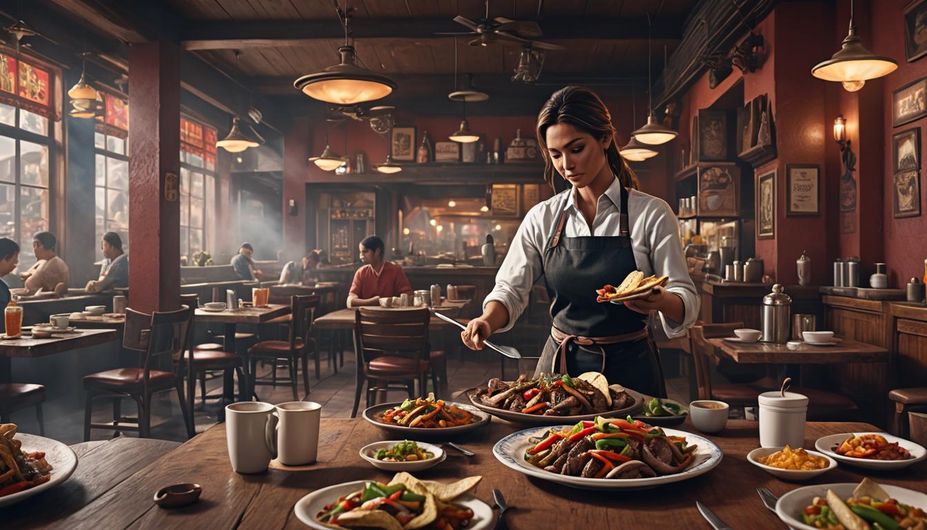 Waitress serves beef fajitas in restaurant