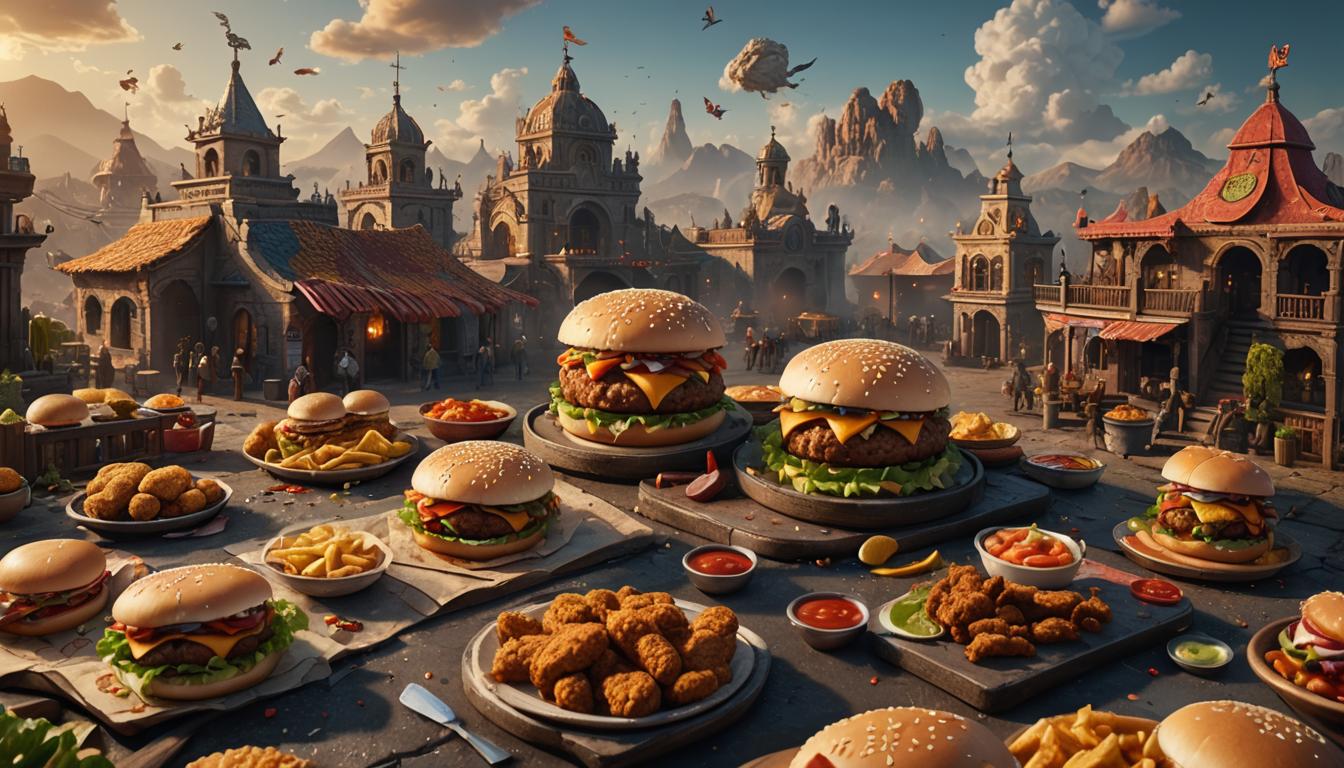 Fast Food Wars, burgers, chicken and fries on platters