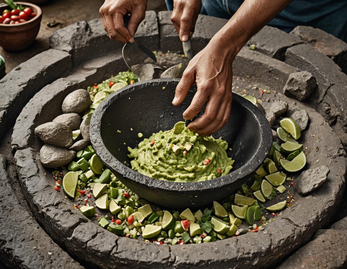 Guacamole being made in a traditional molcajete.