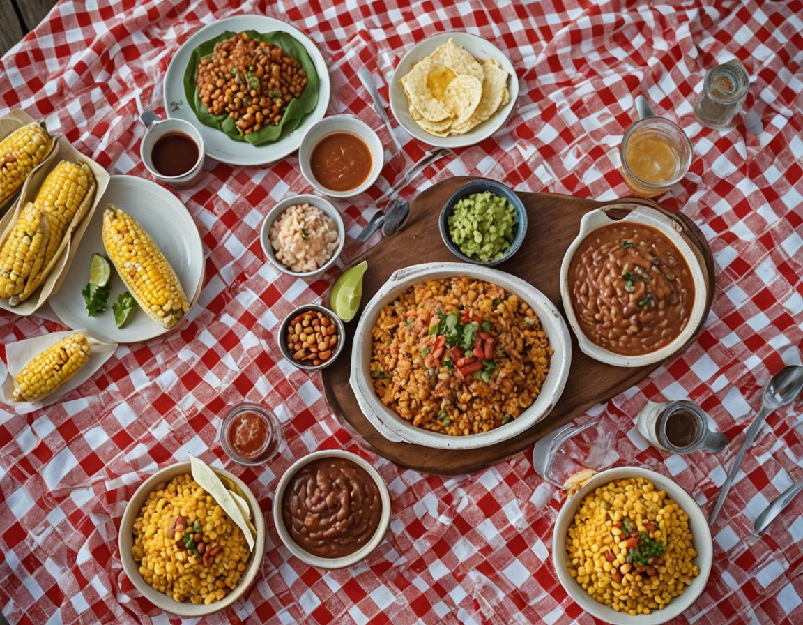 Tex-Mex side dishes for fajita dinner on picnic table covered in red and white checkered tablecloth.