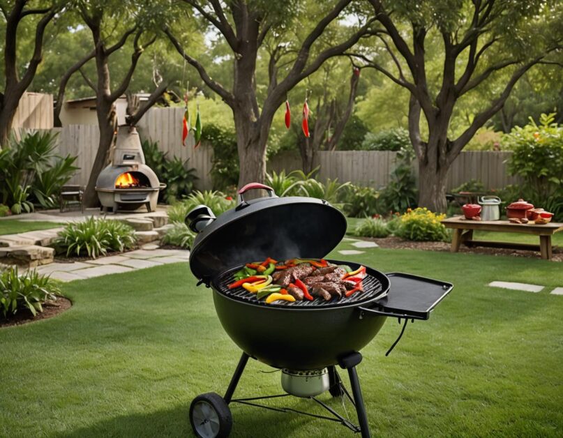 Kettle charcoal grill in green grass covered backyard, grilling fajitas.