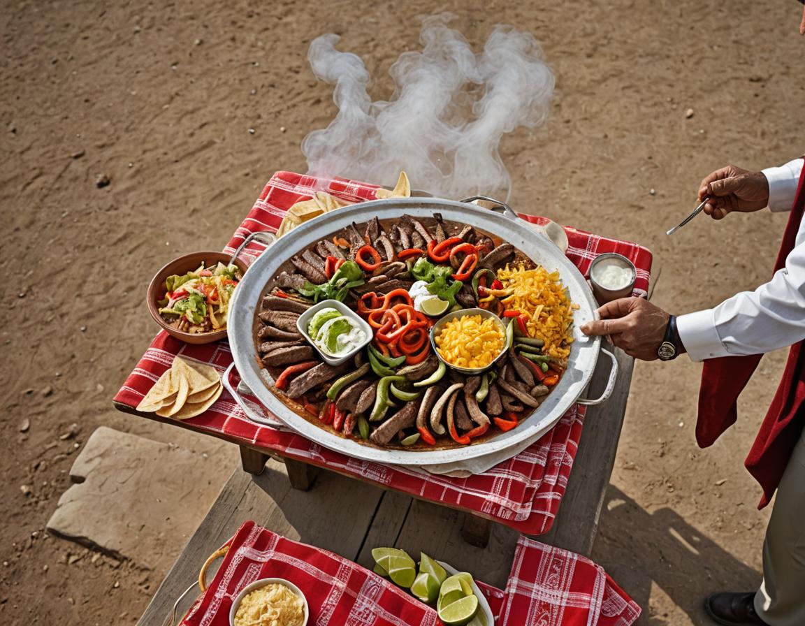 platter of steaming fajitas on picnic table with red and white checkered tablecloth