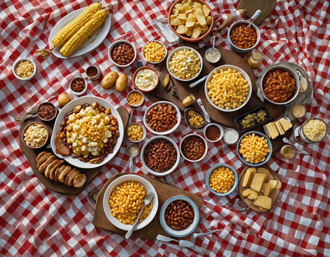 BBQ sides: potato salad, Texas BBQ baked beans, mac and cheese, in separate bowls and grilled corn on the cob on a platter, all on a red checkered tablecloth on a picnic table