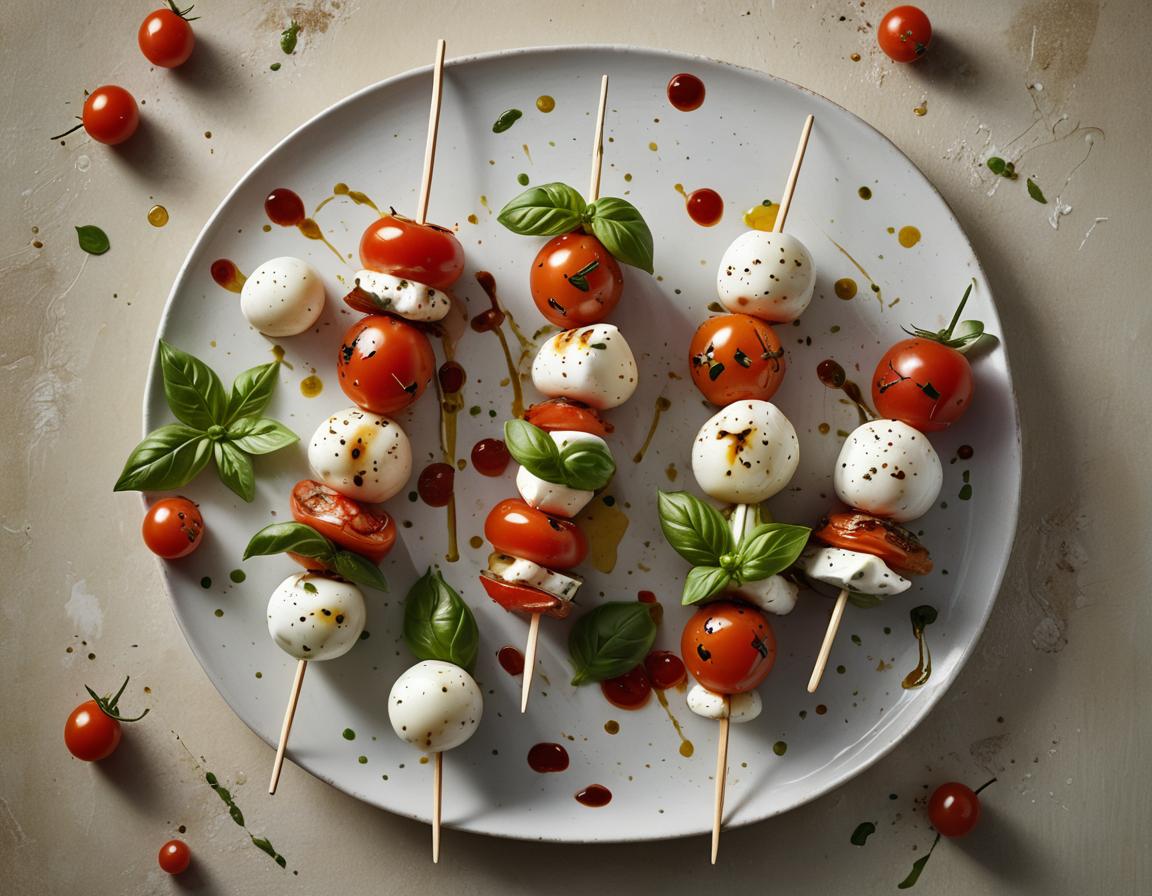 Caprese toothpick skewers on white platter