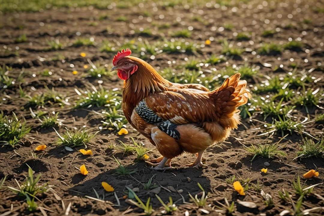 Free-Range chicken feeding in a green field