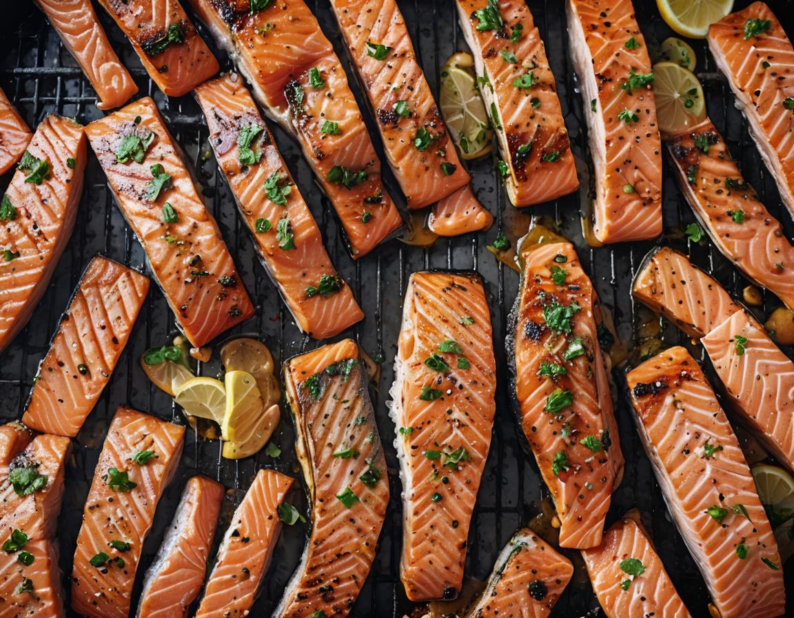 Salmon Filets grilling on gas grill with lemon slices