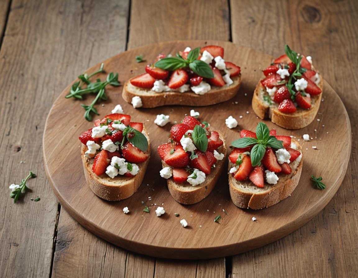 Strawberry and Goat Cheese Bruschetta on wooden platter