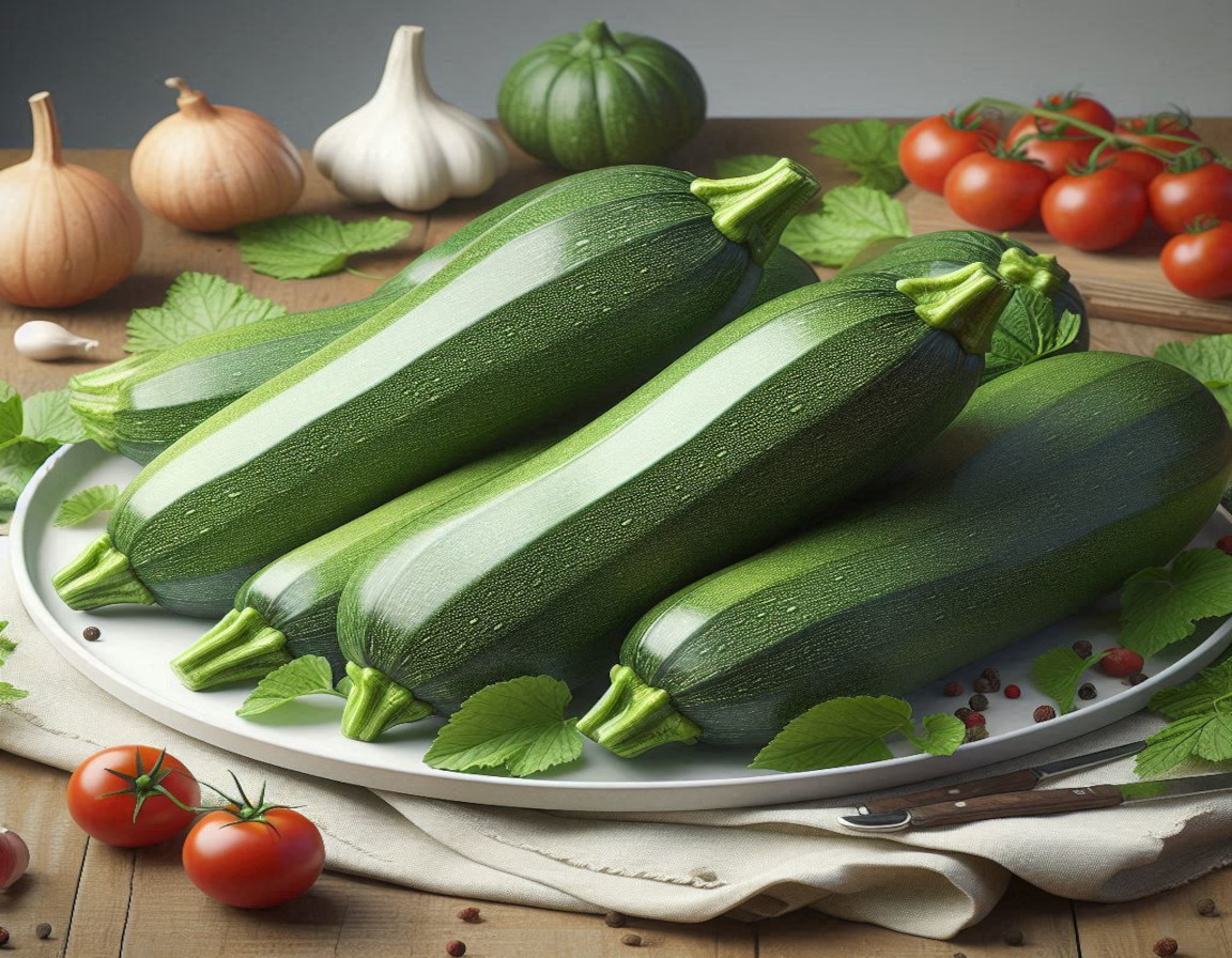 Zucchini Squash on white platter with cherry tomatoes and garlic bulbs around