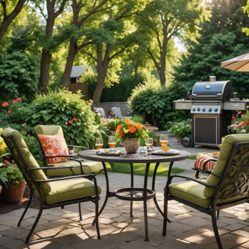 backyard in summertime with a patio, outdoor furniture, and a grill