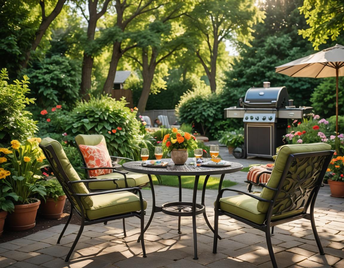 backyard in summertime with a patio, outdoor furniture, and a grill