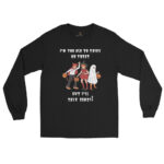 Funny Adult Halloween Shirt says "I'm too old to trick or treat, but I'll take candy".