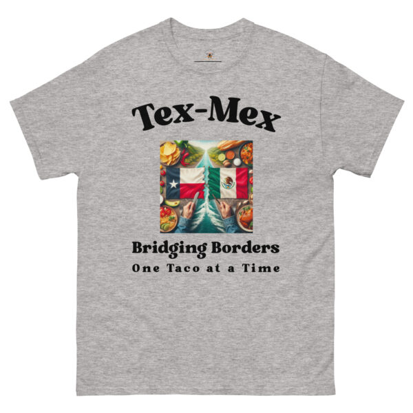 Funny Tex-Mex t-shirt says " Bridging Borders one taco at a time".