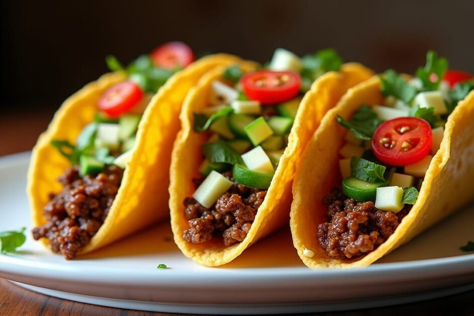 Three crispy beef tacos on a platter with Lettuce, Tomato and peppers