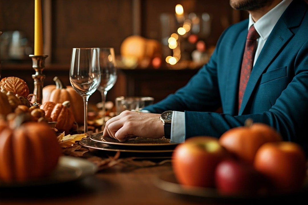 Fall-Season decorated dining table with guest seated