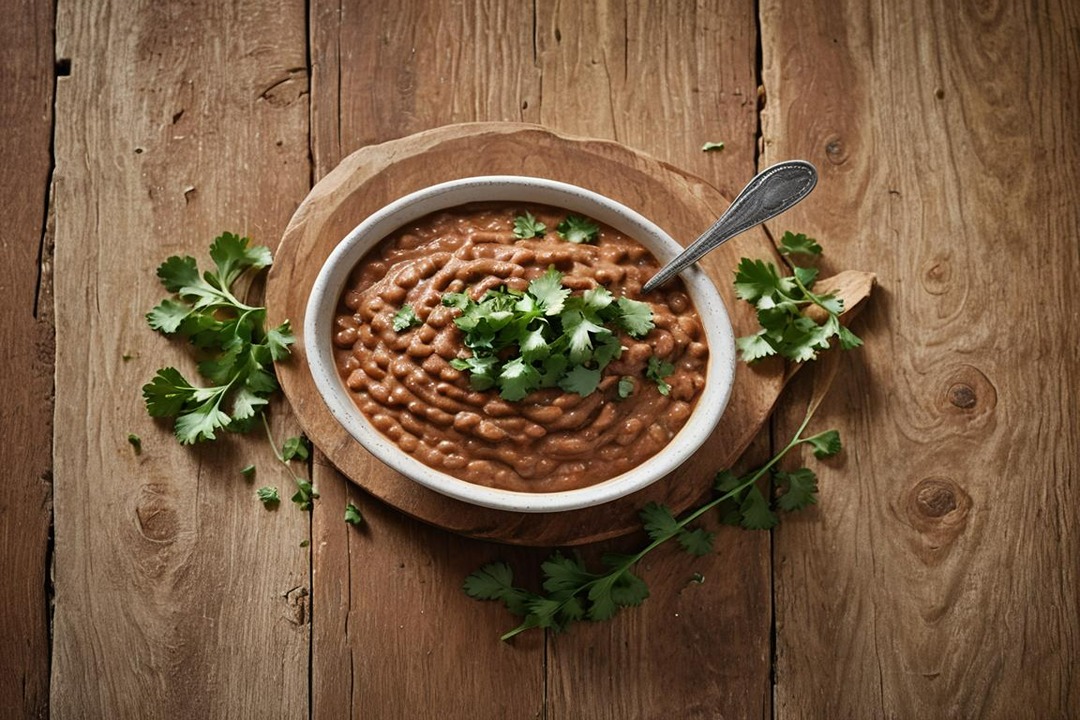 Refried beans in white bowl with cilantro garnish on wooden countertop 