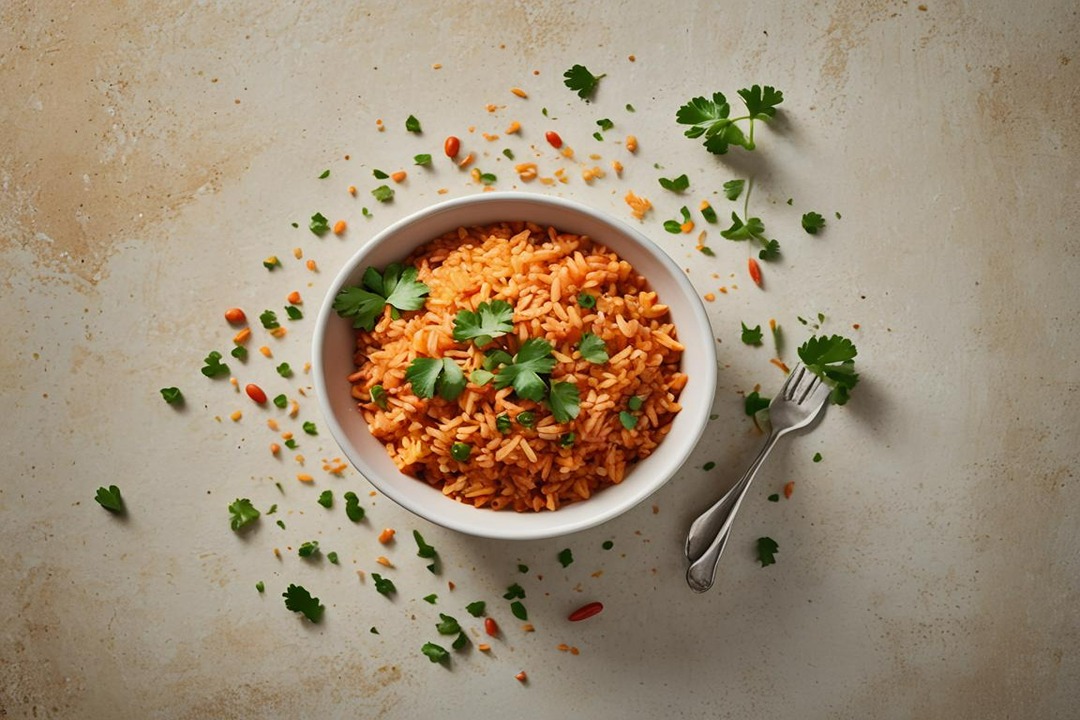 Spanish Rice in White Bowl with Cilantro Garnish 