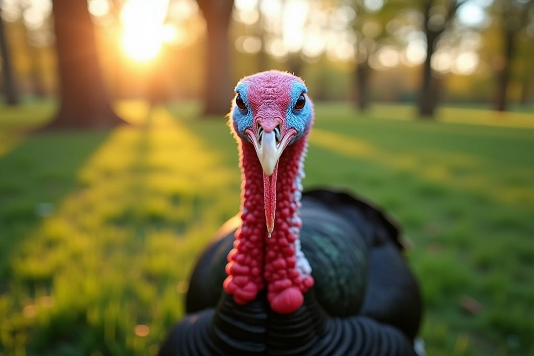 Wild Turkey in a field stares into the camera