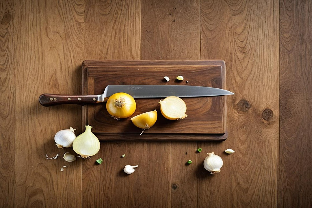 Wooden Cutting Board with Chefs knife, onions and garlic 