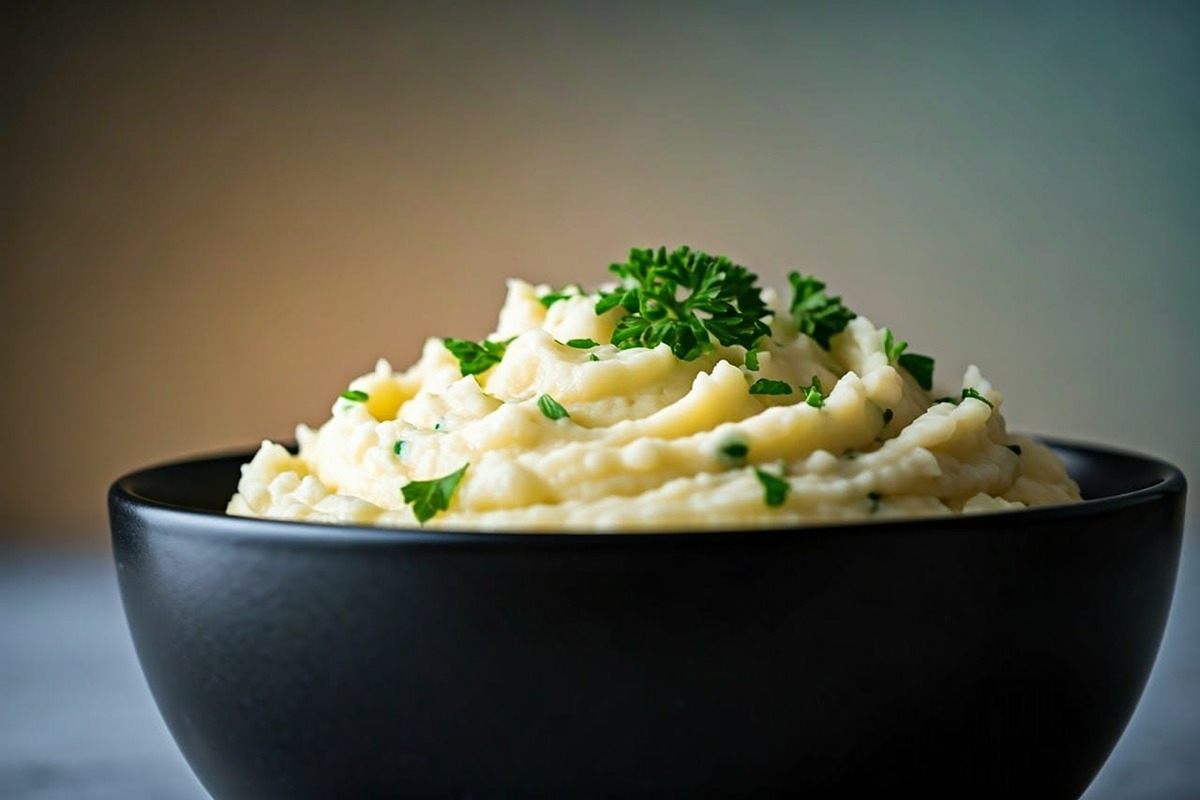 Black bowl of mashed potatoes with chopped parsley garnish