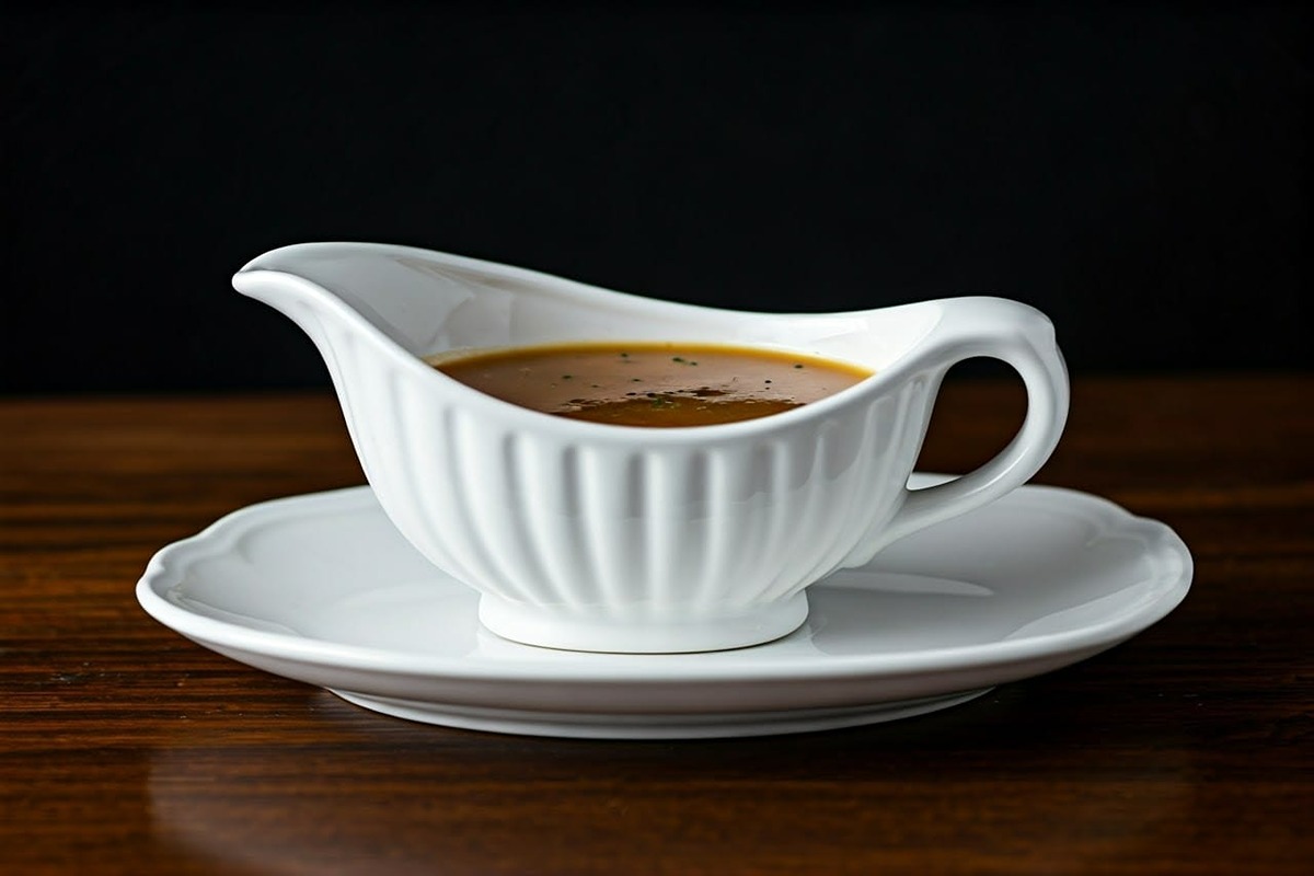 White gravy boat with smooth turkey gravy on white saucer