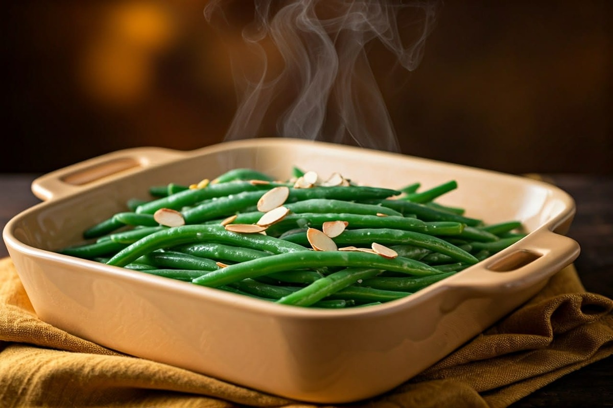 beige ceramic casserole dish with lemon almondine green beans garnished with almond slivers with a fall season background 