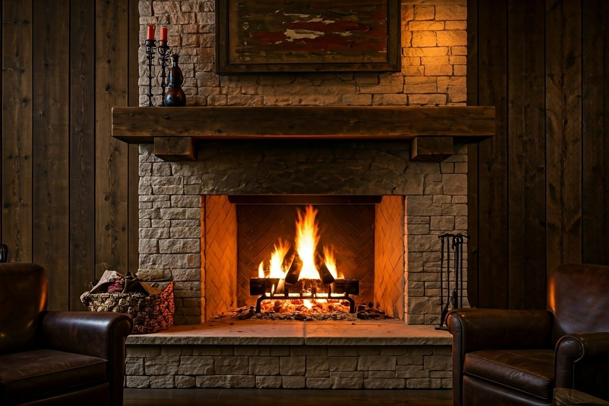 roaring fire in rustic living room fireplace 