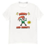 White T shirt with a retro-style elf character with a red hat, green suit, and black boots. The elf is striking a playful pose with a "Stay Good" speech bubble.