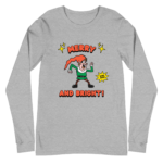 White long sleeved T shirt with a retro-style elf character with a red hat, green suit, and black boots. The elf is striking a playful pose with a "Stay Good" speech bubble.