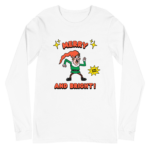 White long sleeved T shirt with a retro-style elf character with a red hat, green suit, and black boots. The elf is striking a playful pose with a "Stay Good" speech bubble.