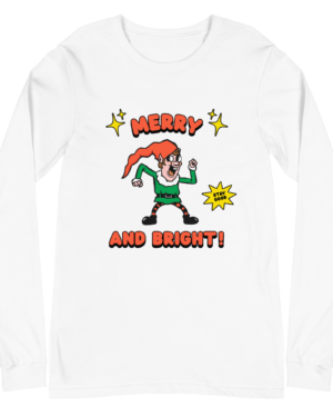 White long sleeved T shirt with a retro-style elf character with a red hat, green suit, and black boots. The elf is striking a playful pose with a "Stay Good" speech bubble.