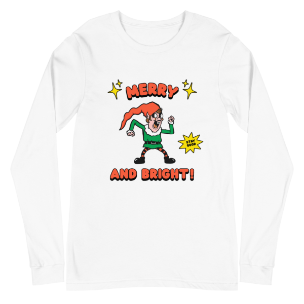 White long sleeved T shirt with a retro-style elf character with a red hat, green suit, and black boots. The elf is striking a playful pose with a "Stay Good" speech bubble.