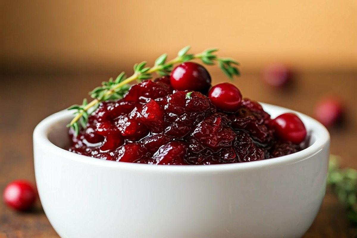 white bowl of spiced cranberry chutney