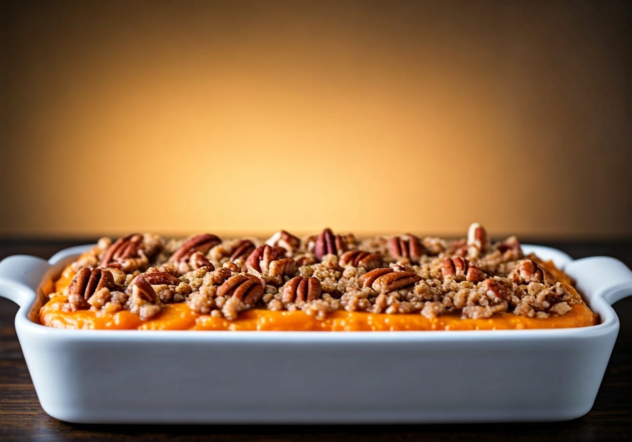 white rectangular dish of sweet potato casserole with pecan crumble topping